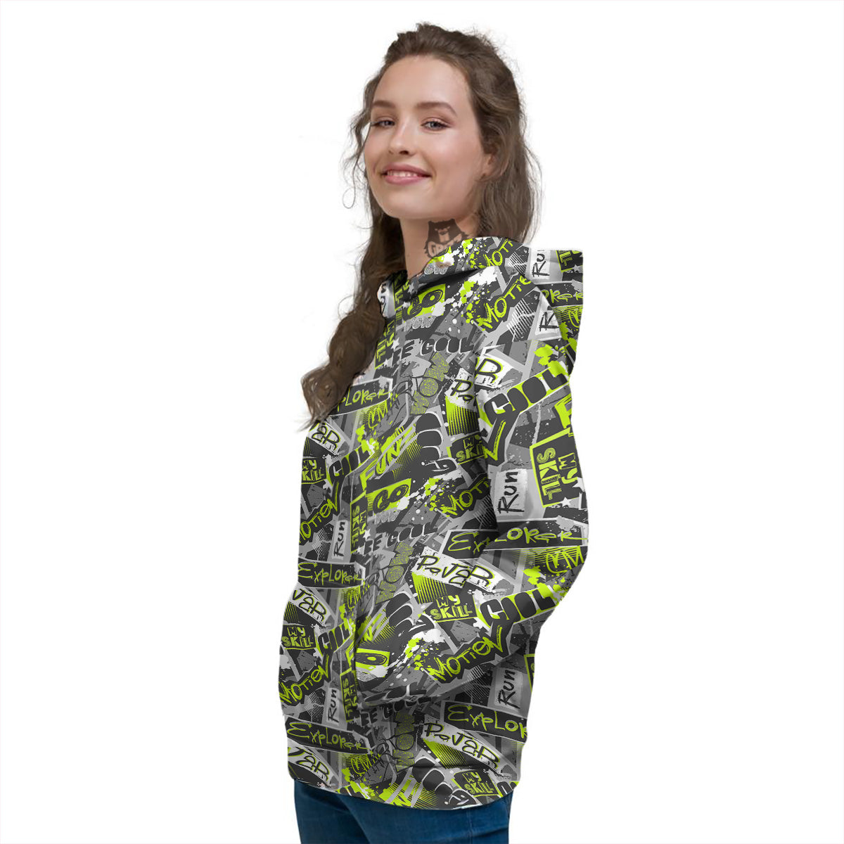 Abstract Grey And Neon Green Graffiti Print Pattern Women's Hoodie-grizzshop