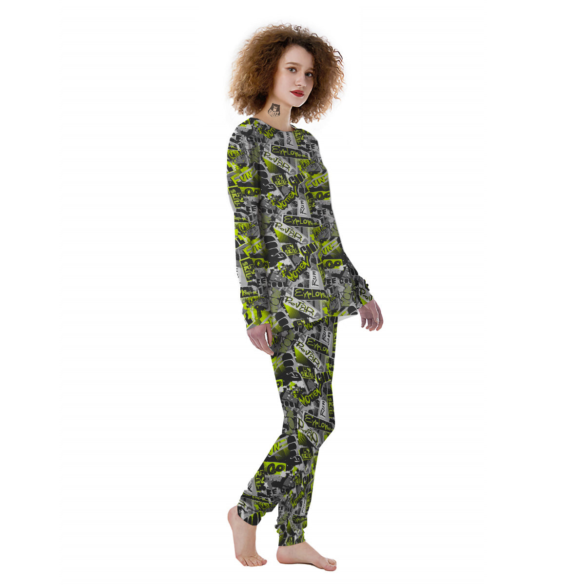Abstract Grey And Neon Green Graffiti Print Pattern Women's Pajamas-grizzshop