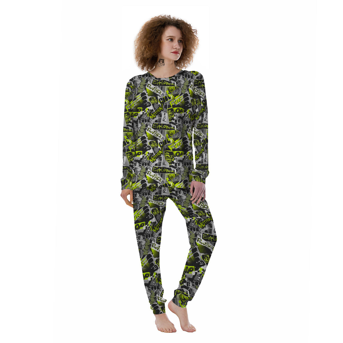 Abstract Grey And Neon Green Graffiti Print Pattern Women's Pajamas-grizzshop