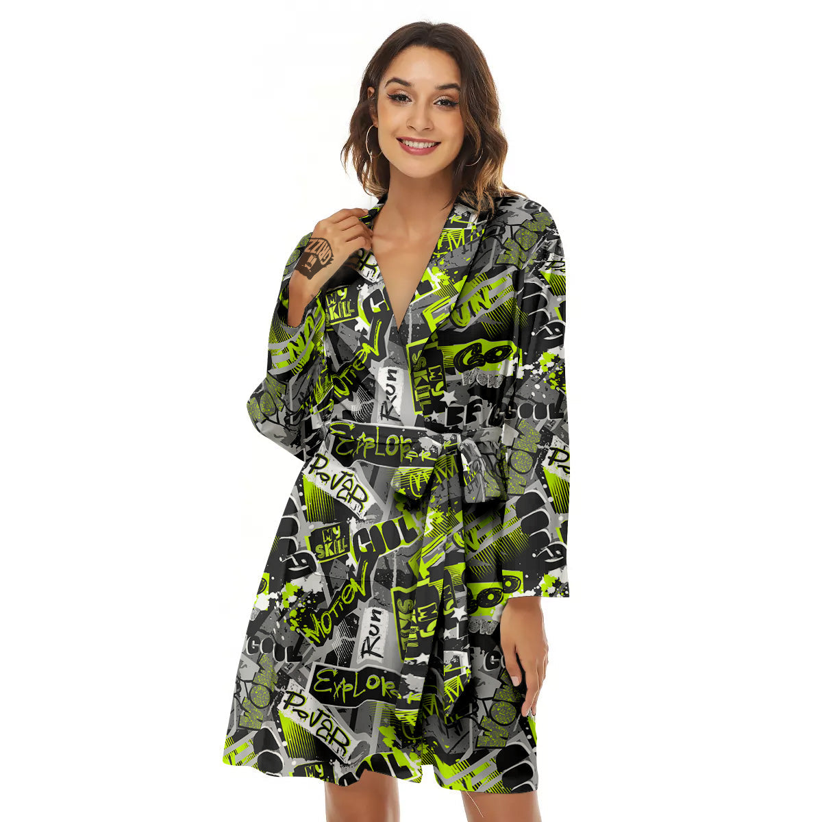 Abstract Grey And Neon Green Graffiti Print Pattern Women's Robe-grizzshop