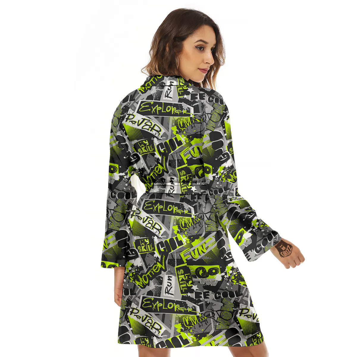 Abstract Grey And Neon Green Graffiti Print Pattern Women's Robe-grizzshop