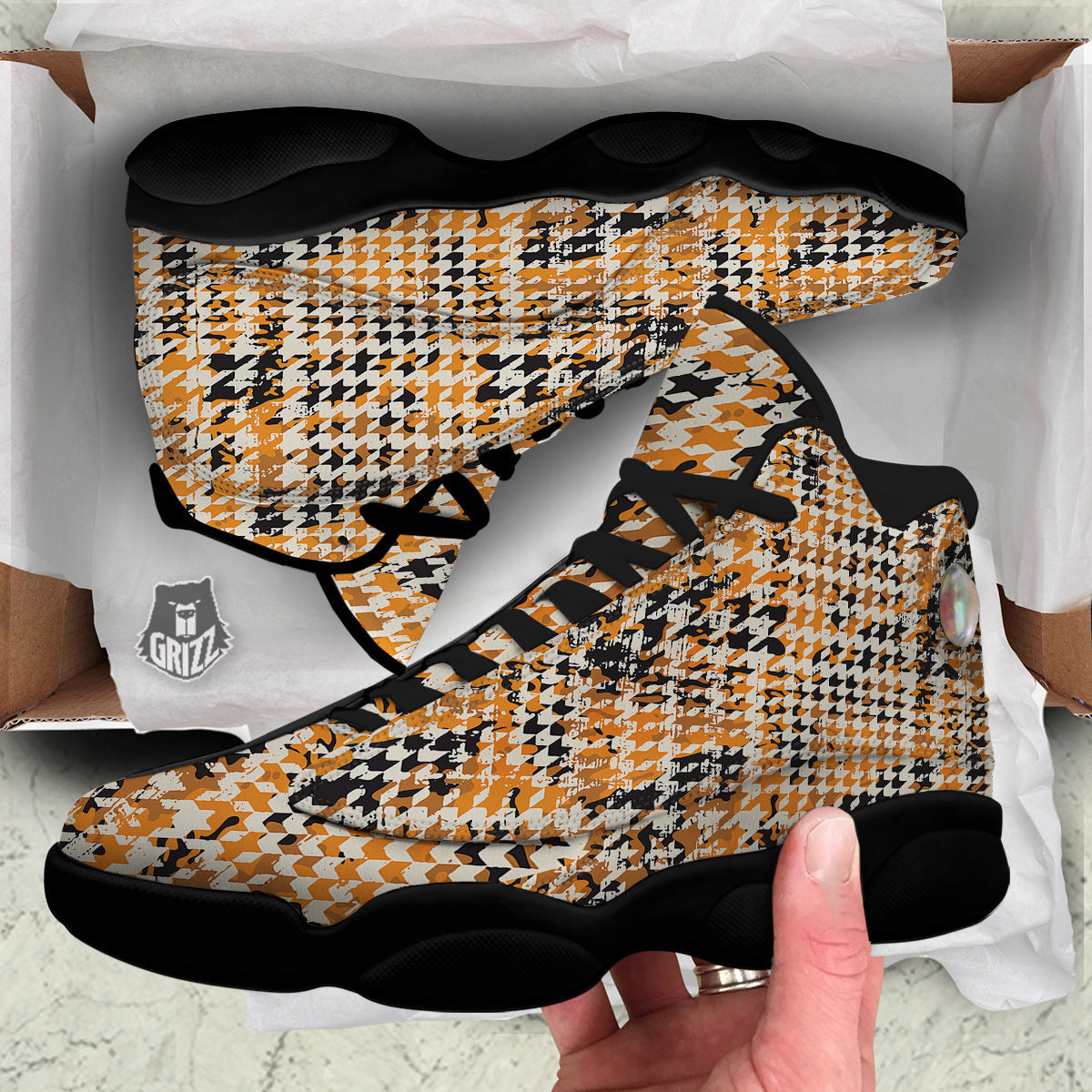 Abstract Grunge Houndstooth Camo Print Pattern Black Basketball Shoes-grizzshop