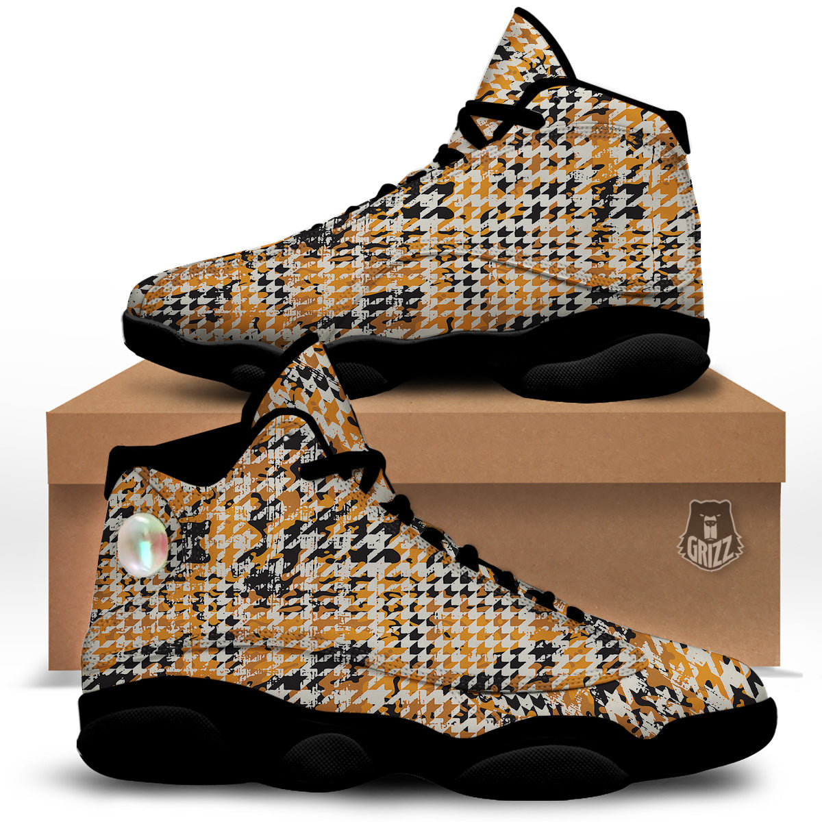 Abstract Grunge Houndstooth Camo Print Pattern Black Basketball Shoes-grizzshop