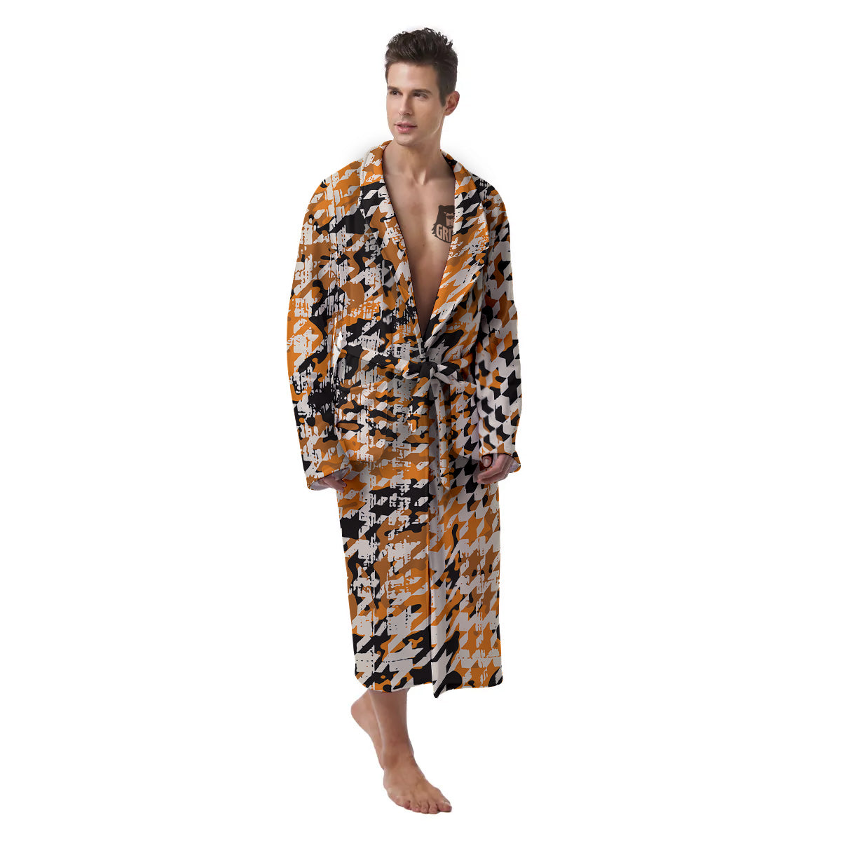 Abstract Grunge Houndstooth Camo Print Pattern Men's Robe-grizzshop