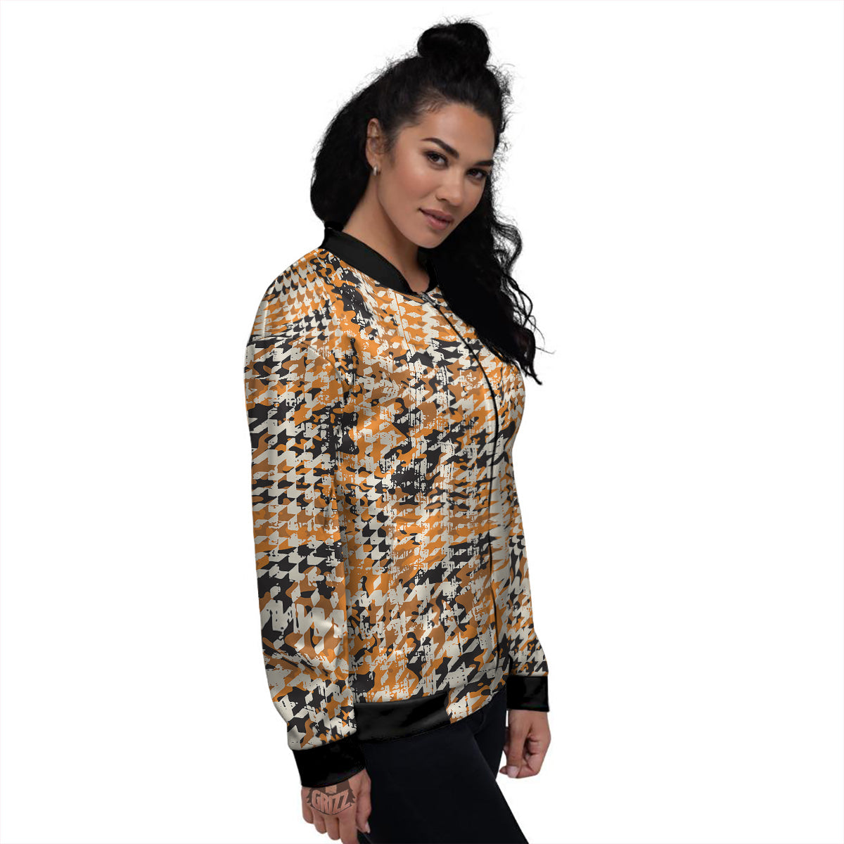 Abstract Grunge Houndstooth Camo Print Pattern Women's Bomber Jacket-grizzshop