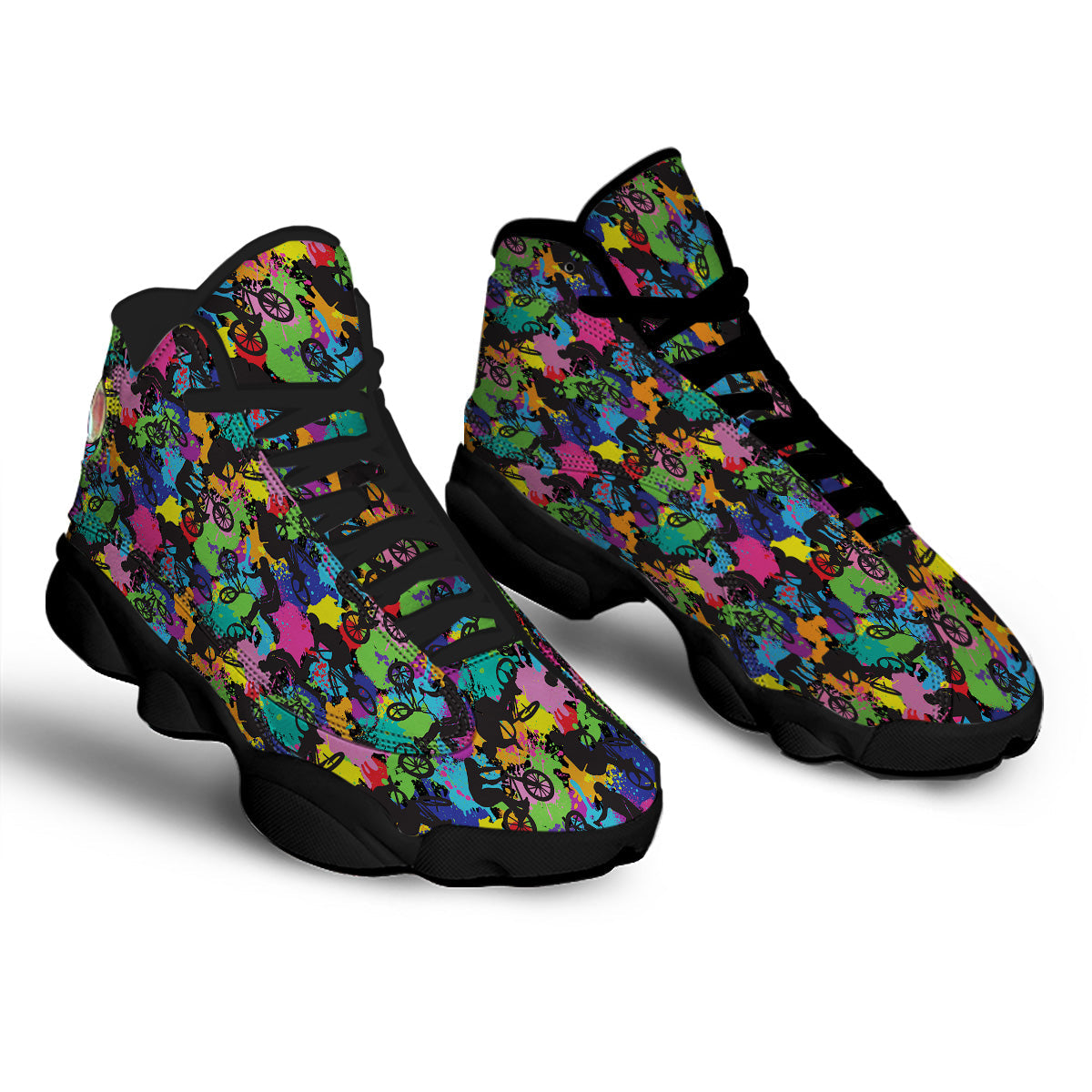 Abstract Grunge Urban Colorful Bicycle Print Pattern Black Basketball Shoes-grizzshop