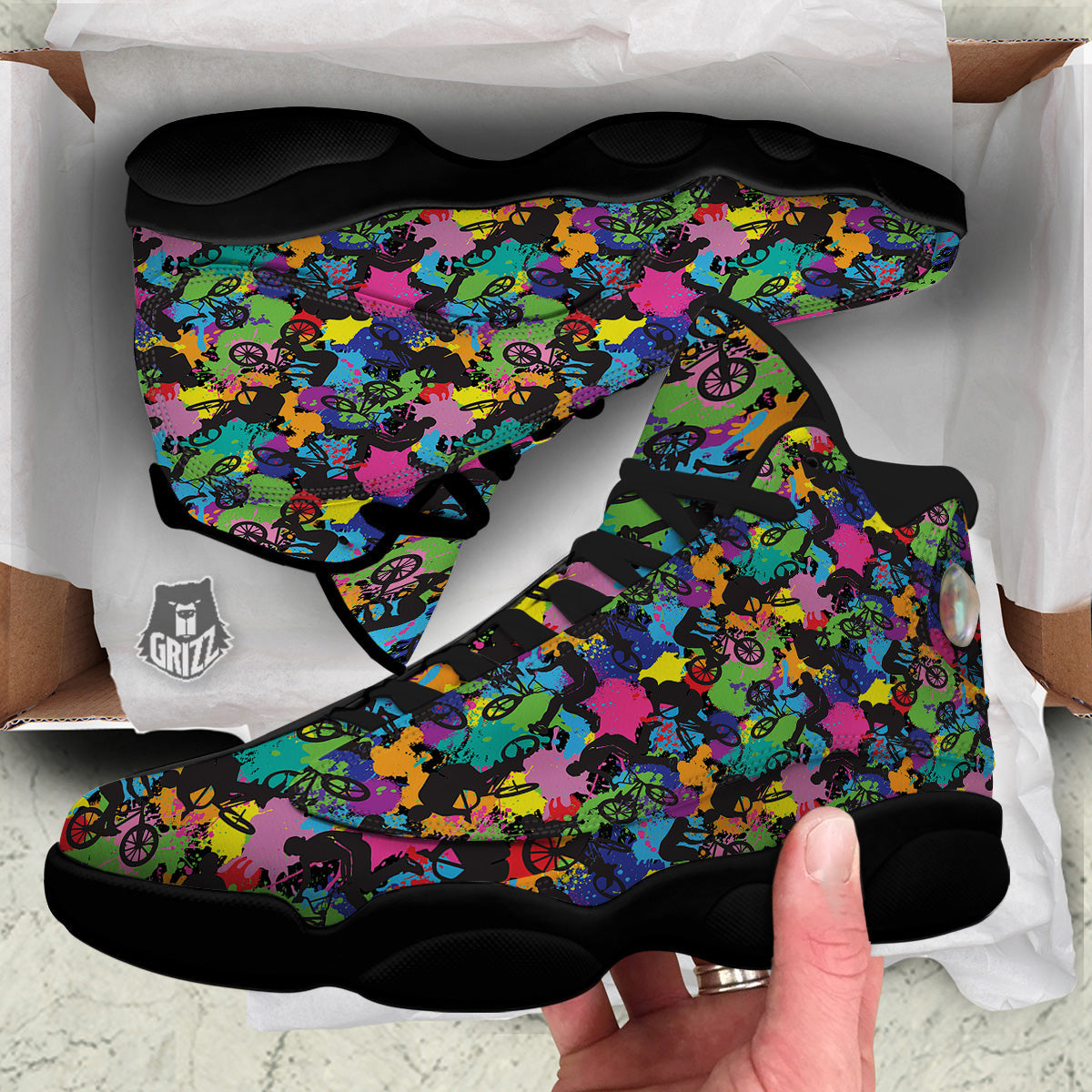 Abstract Grunge Urban Colorful Bicycle Print Pattern Black Basketball Shoes-grizzshop