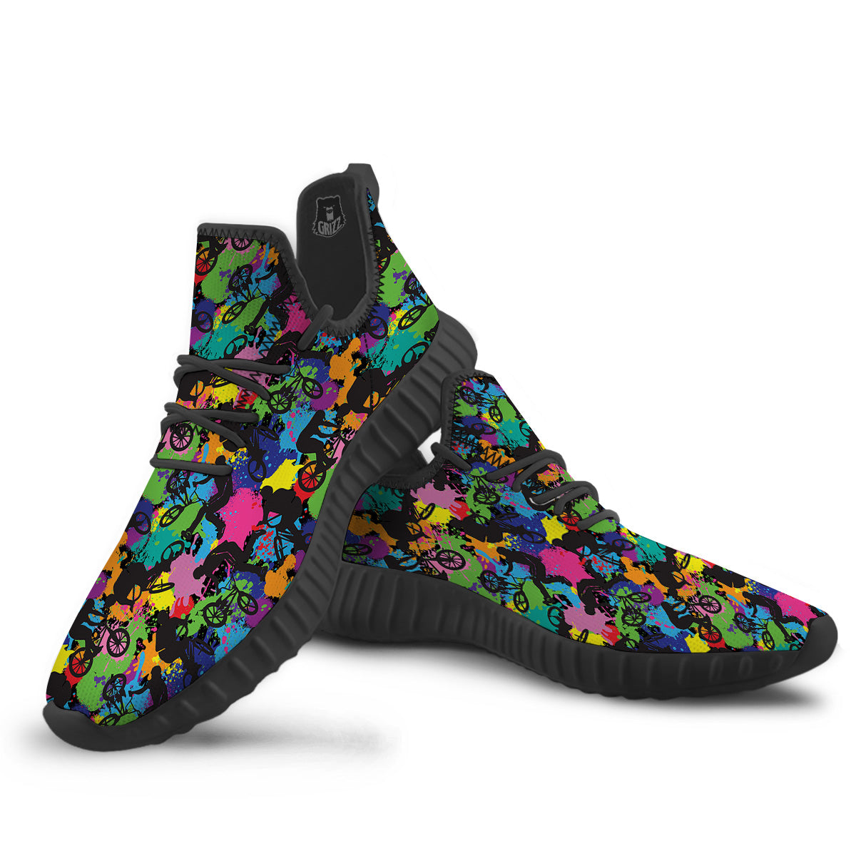 Abstract Grunge Urban Colorful Bicycle Print Pattern Black Walking Shoes-grizzshop