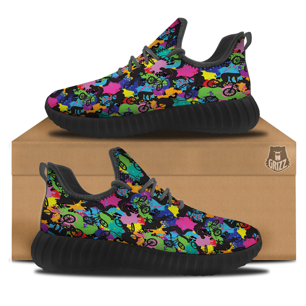 Abstract Grunge Urban Colorful Bicycle Print Pattern Black Walking Shoes-grizzshop