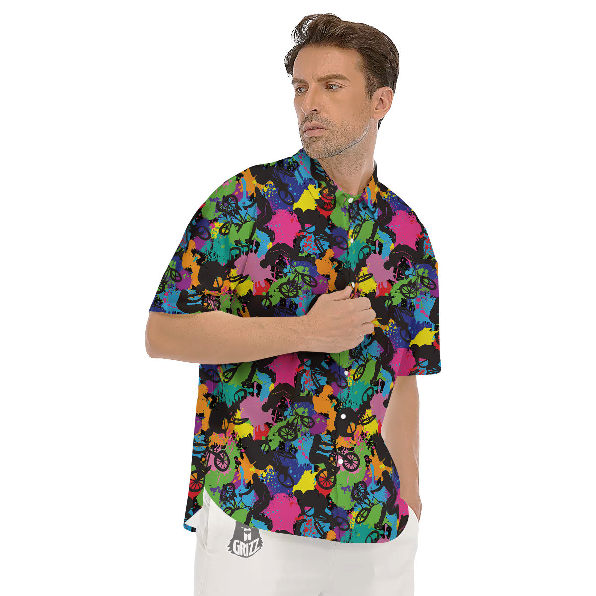 Abstract Grunge Urban Colorful Bicycle Print Pattern Men's Short Sleeve Shirts-grizzshop