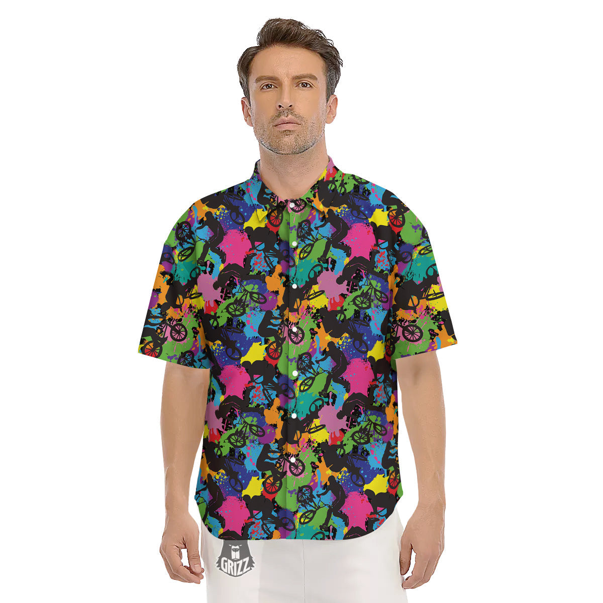 Abstract Grunge Urban Colorful Bicycle Print Pattern Men's Short Sleeve Shirts-grizzshop