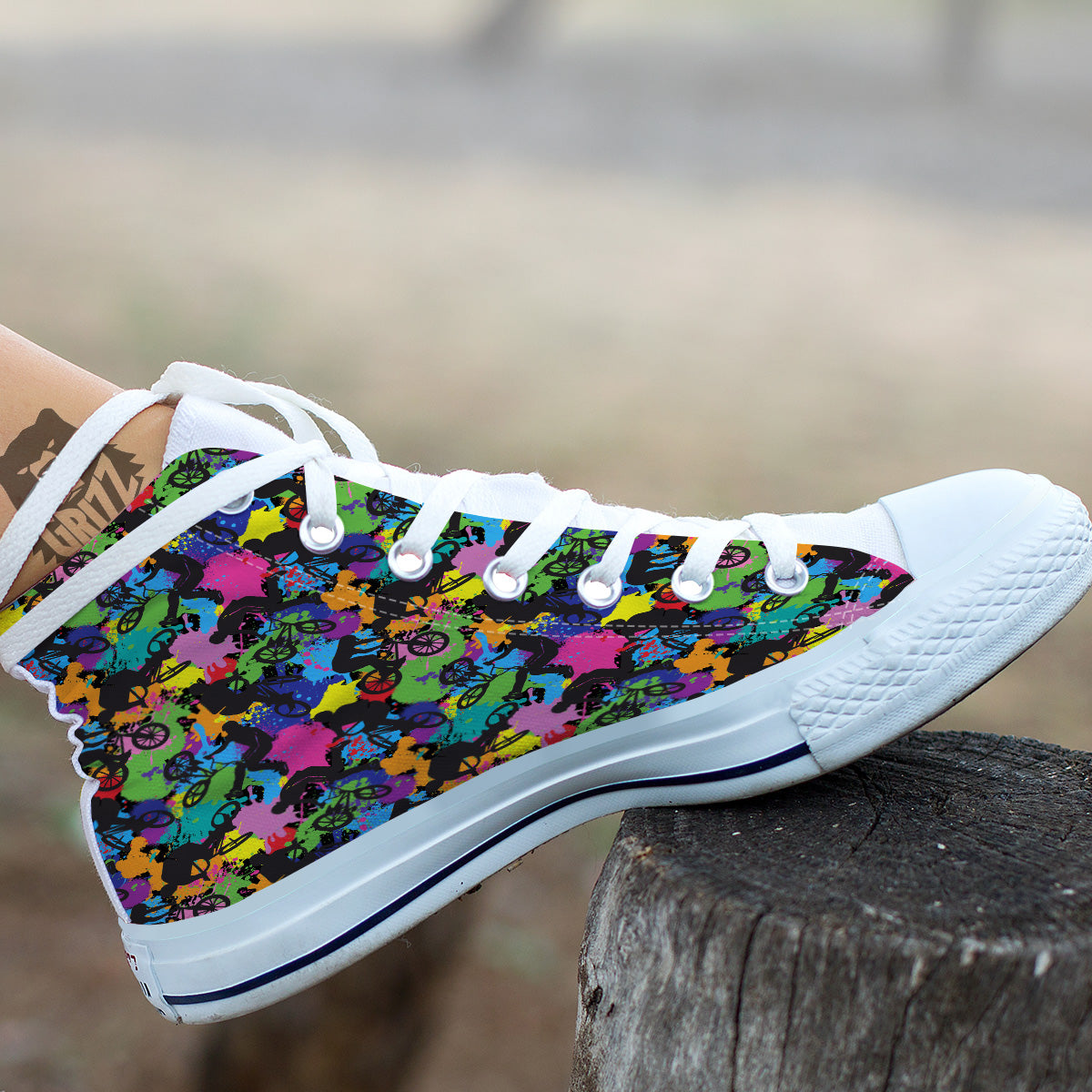 Abstract Grunge Urban Colorful Bicycle Print Pattern White High Top Shoes-grizzshop
