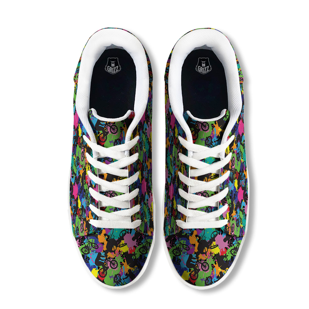 Abstract Grunge Urban Colorful Bicycle Print Pattern White Low Top Sneakers-grizzshop