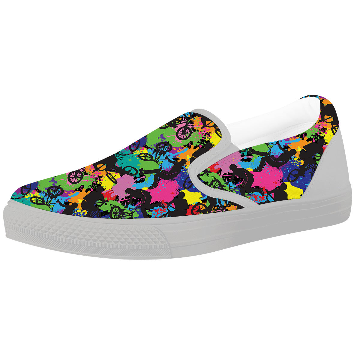 Abstract Grunge Urban Colorful Bicycle Print Pattern White Slip On Shoes-grizzshop