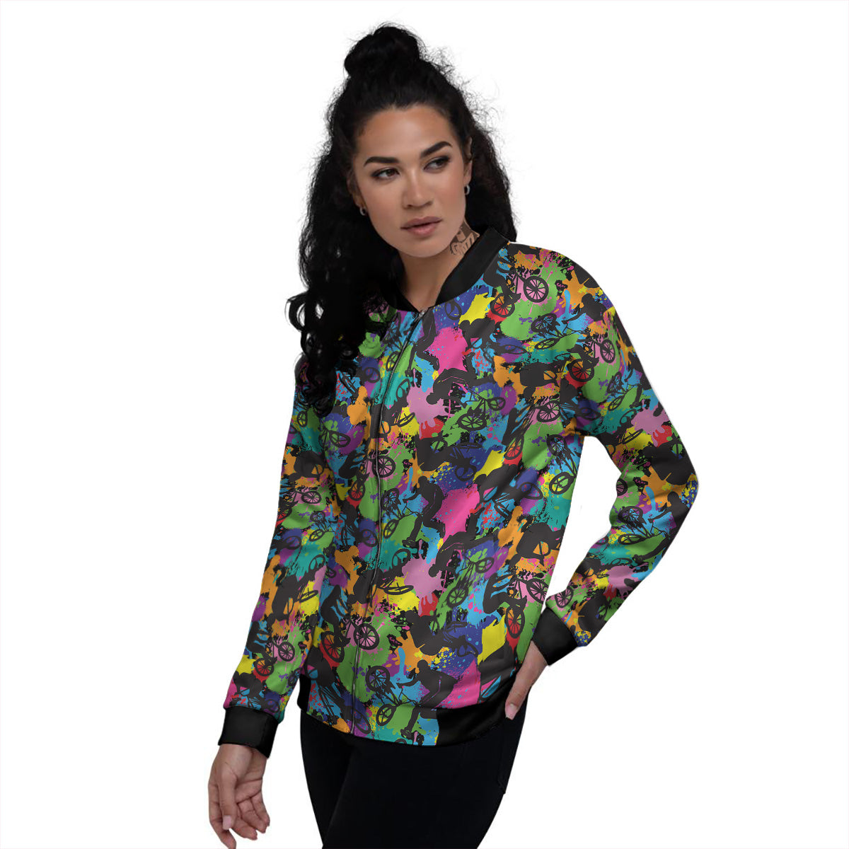 Abstract Grunge Urban Colorful Bicycle Print Pattern Women's Bomber Jacket-grizzshop