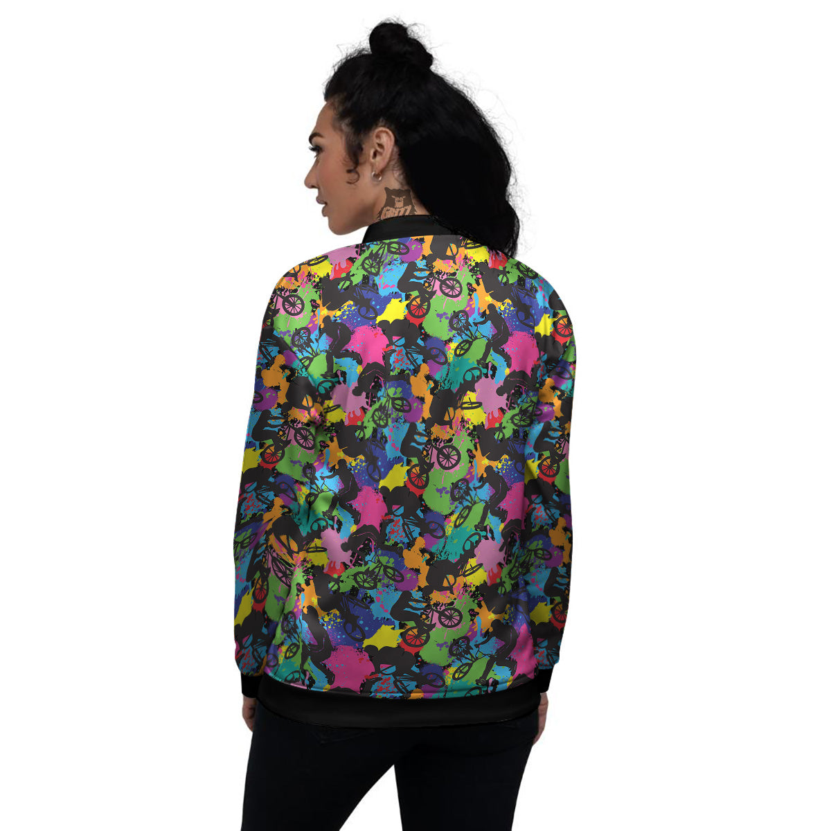 Abstract Grunge Urban Colorful Bicycle Print Pattern Women's Bomber Jacket-grizzshop