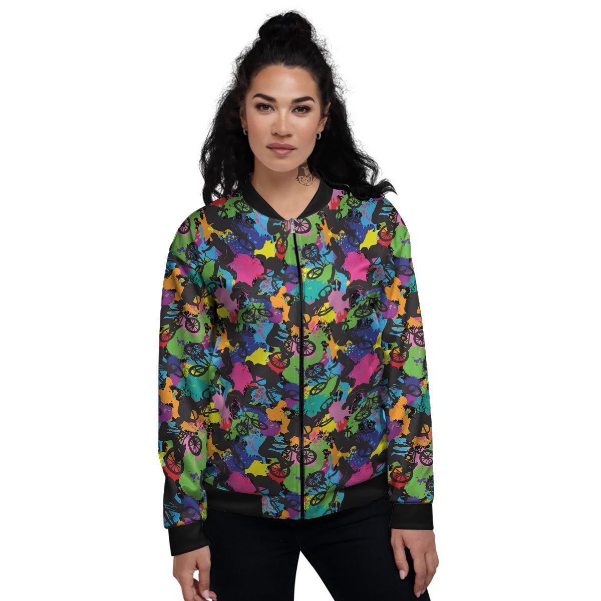 Abstract Grunge Urban Colorful Bicycle Print Pattern Women's Bomber Jacket-grizzshop