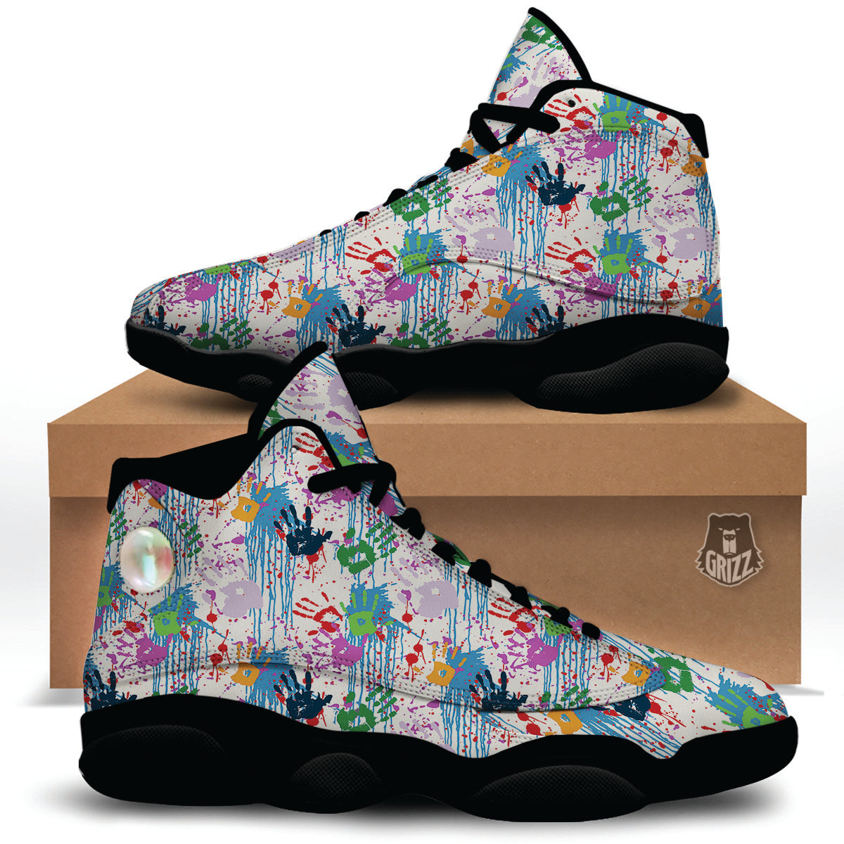 Abstract Hand Prints Colorful Print Pattern Black Basketball Shoes-grizzshop