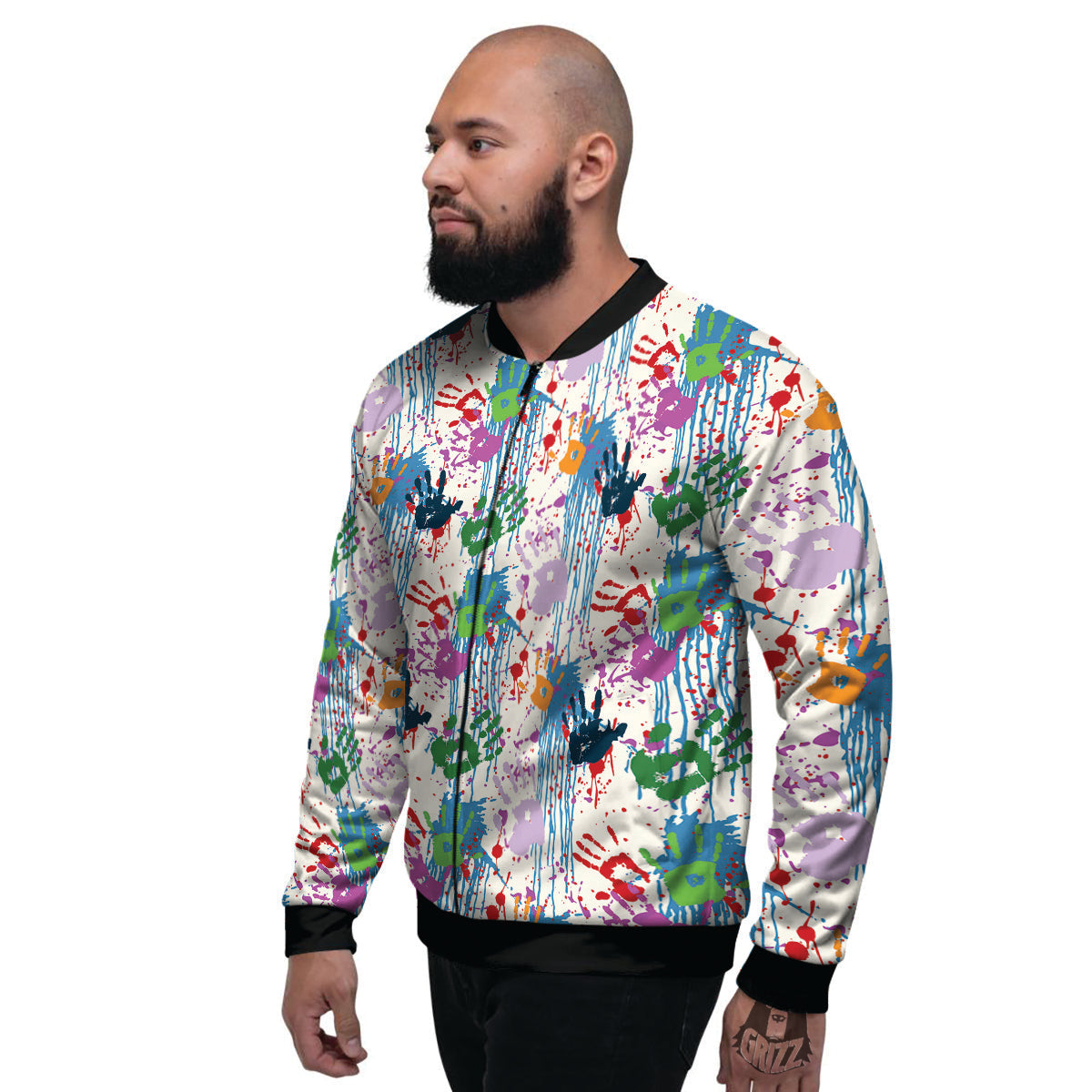 Abstract Hand Prints Colorful Print Pattern Men's Bomber Jacket-grizzshop