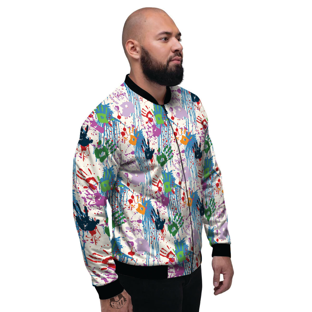 Abstract Hand Prints Colorful Print Pattern Men's Bomber Jacket-grizzshop