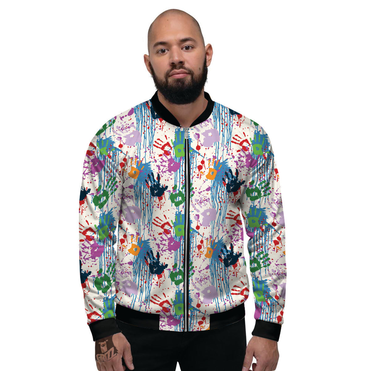 Abstract Hand Prints Colorful Print Pattern Men's Bomber Jacket-grizzshop