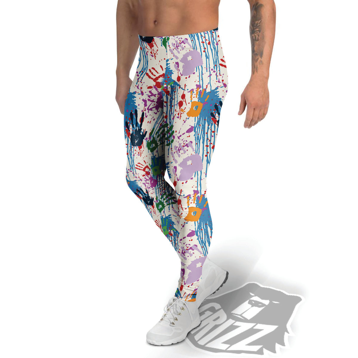 Abstract Hand Prints Colorful Print Pattern Men's Leggings-grizzshop