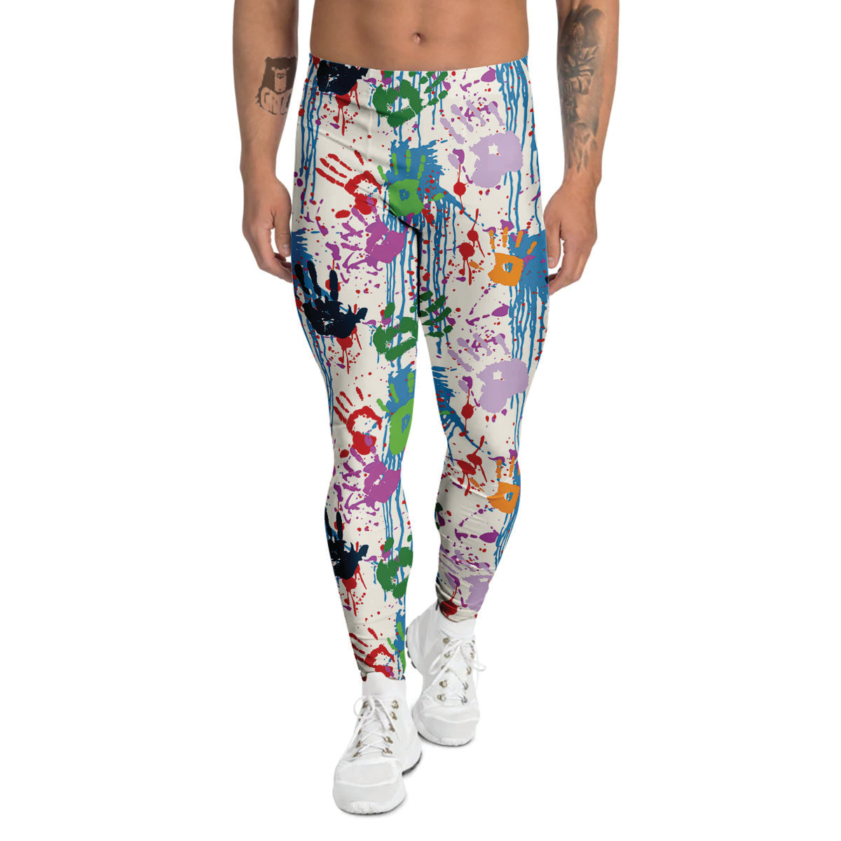 Abstract Hand Prints Colorful Print Pattern Men's Leggings-grizzshop