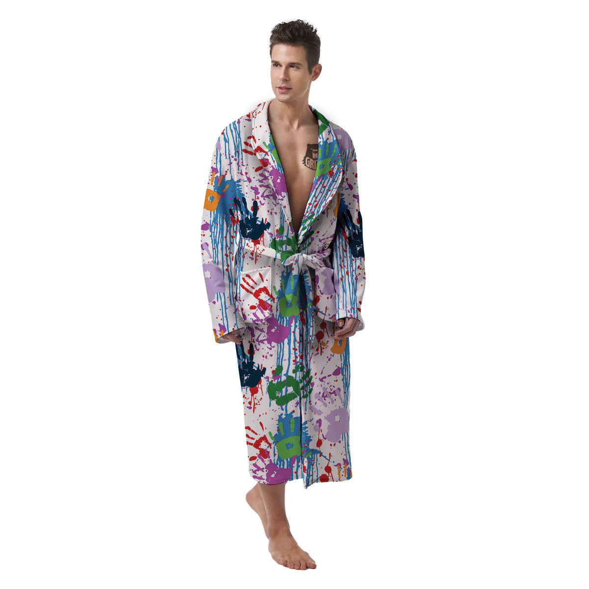 Abstract Hand Prints Colorful Print Pattern Men's Robe-grizzshop