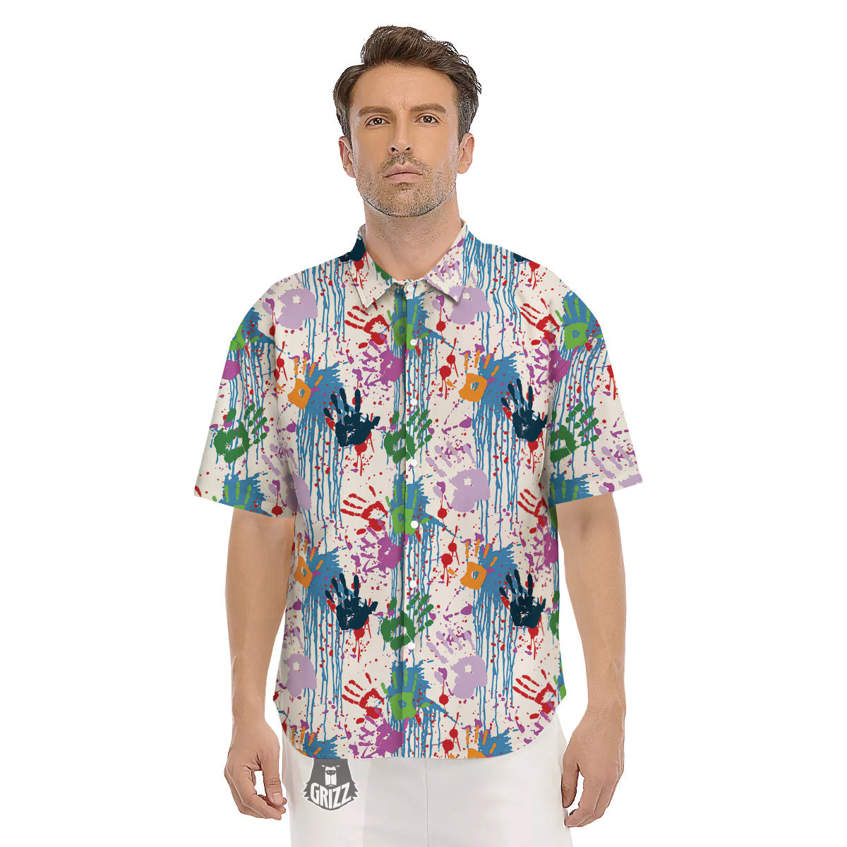 Abstract Hand Prints Colorful Print Pattern Men's Short Sleeve Shirts-grizzshop