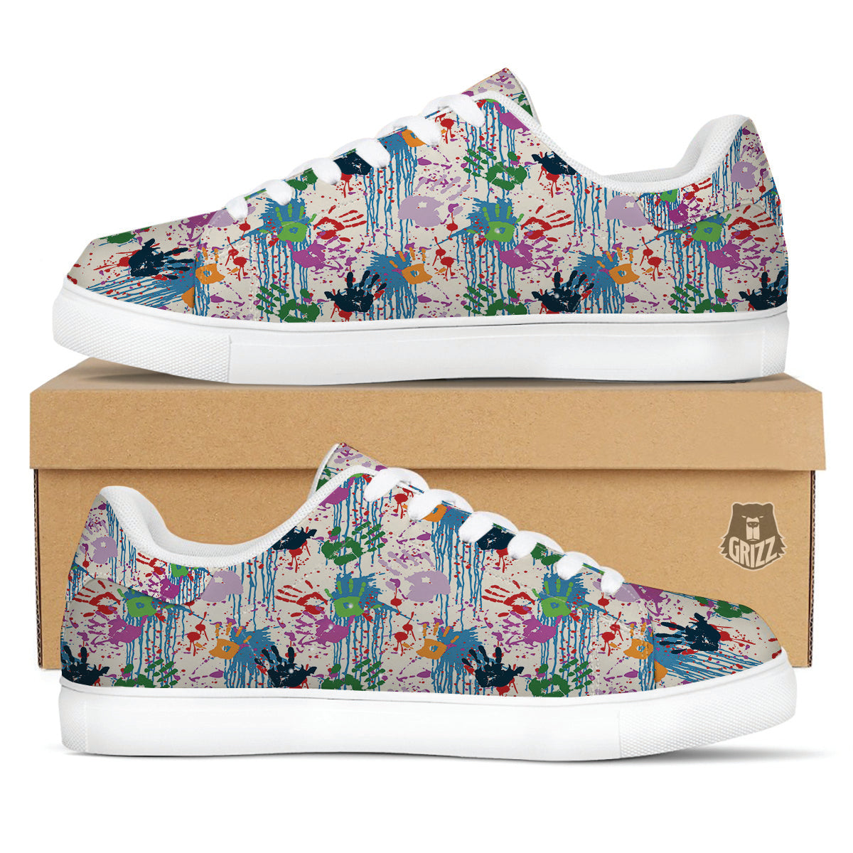 Abstract Hand Prints Colorful Print Pattern White Low Top Sneakers-grizzshop