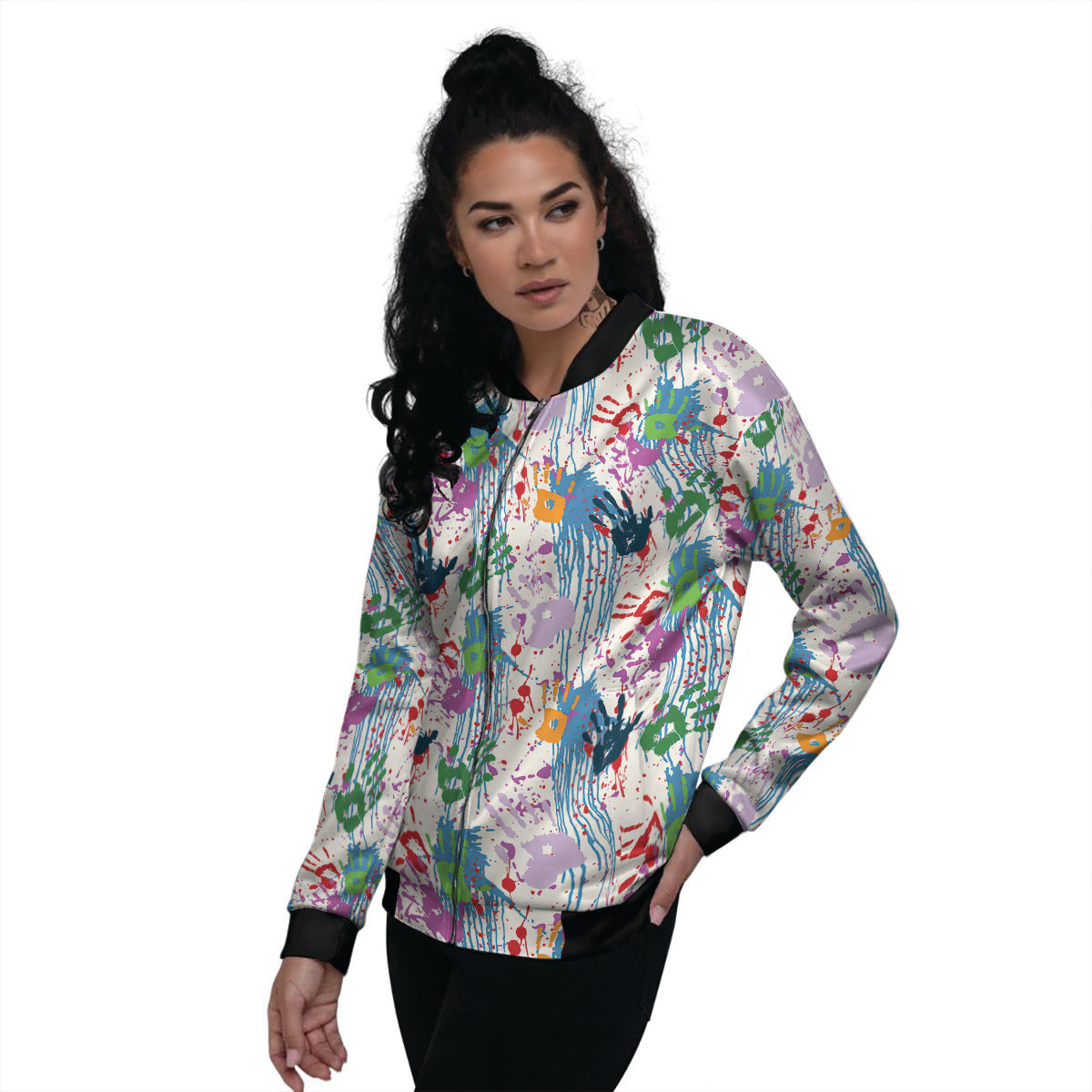 Abstract Hand Prints Colorful Print Pattern Women's Bomber Jacket-grizzshop