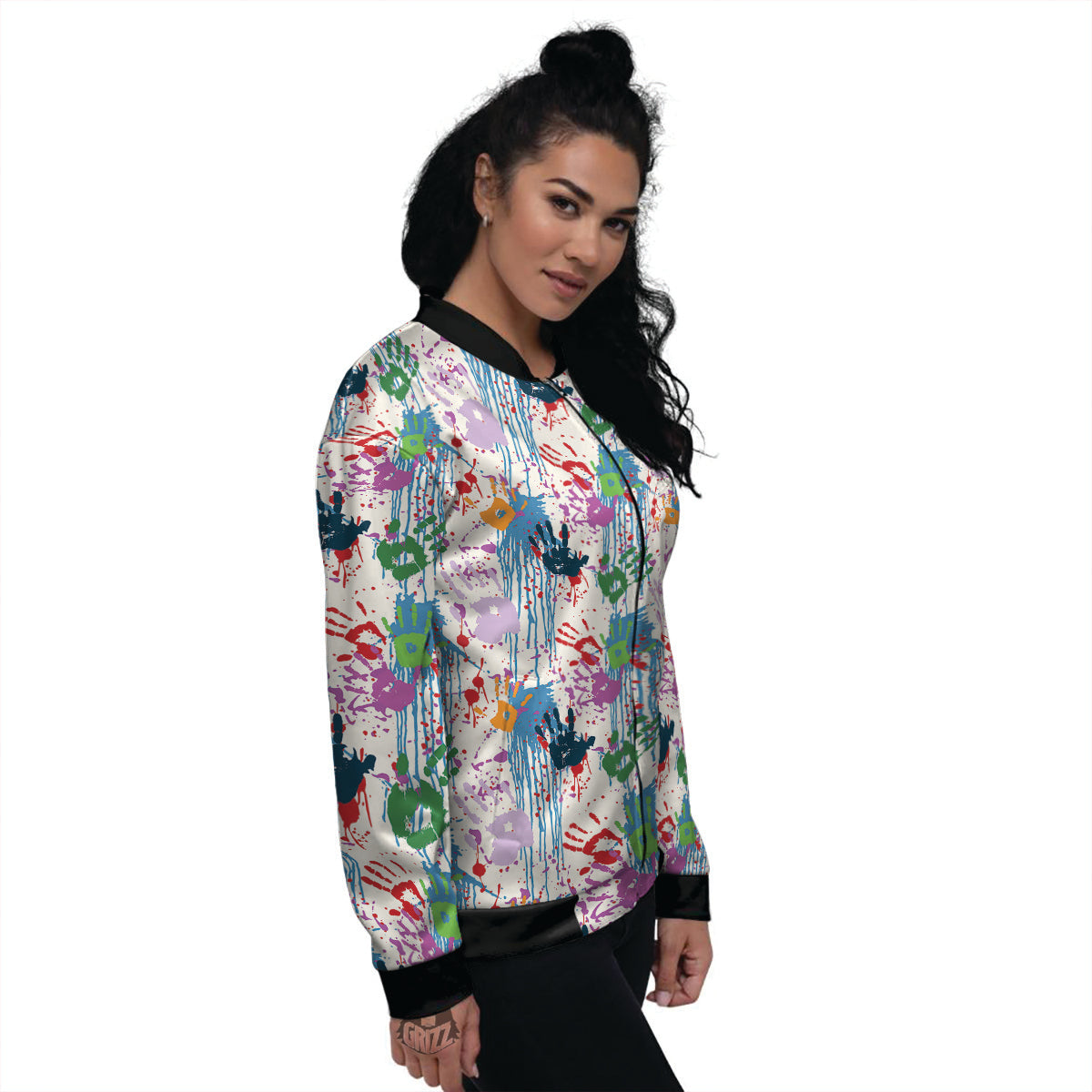Abstract Hand Prints Colorful Print Pattern Women's Bomber Jacket-grizzshop