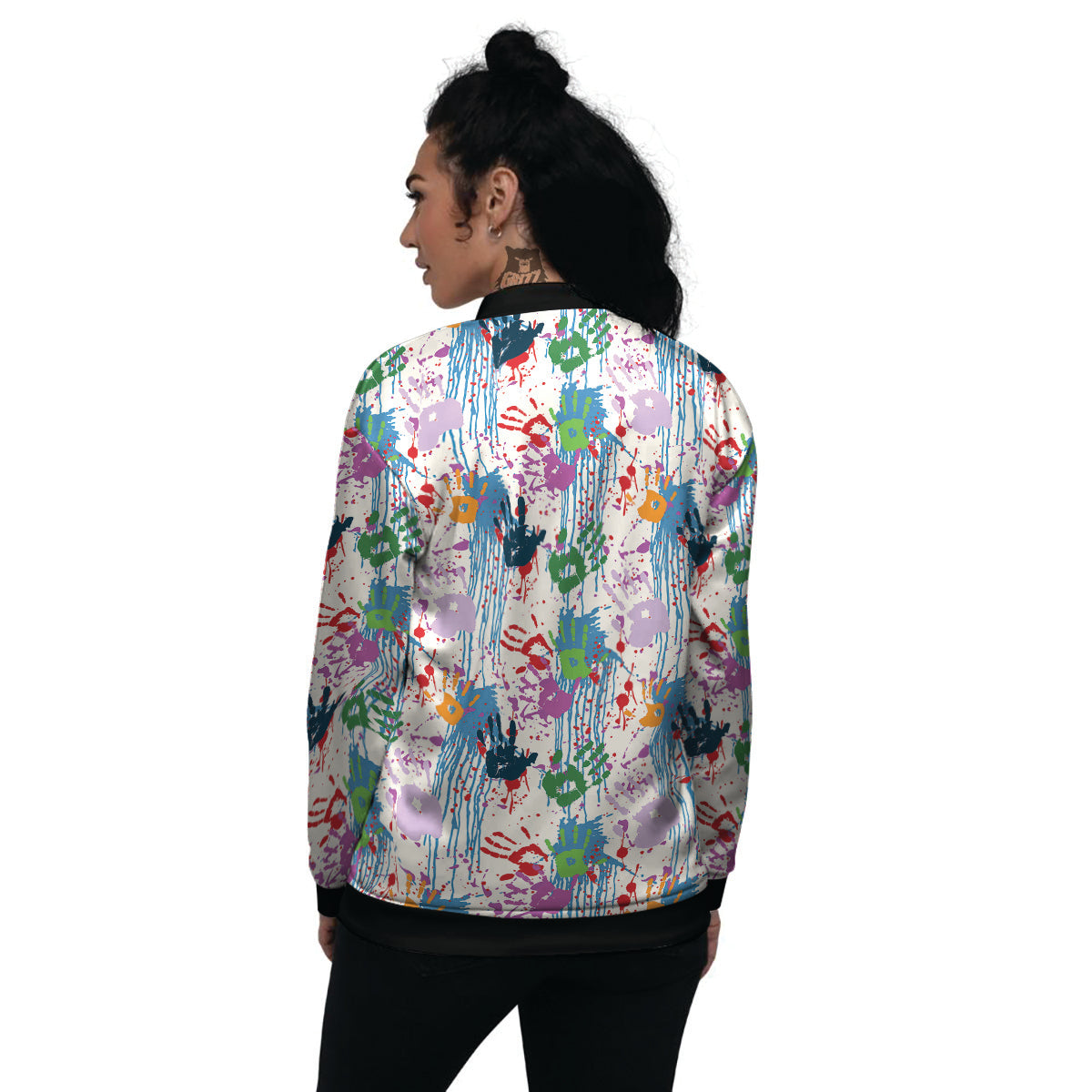 Abstract Hand Prints Colorful Print Pattern Women's Bomber Jacket-grizzshop