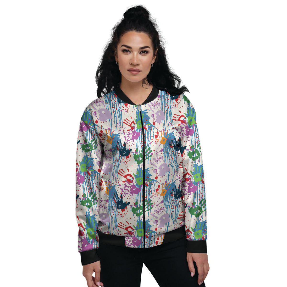 Abstract Hand Prints Colorful Print Pattern Women's Bomber Jacket-grizzshop