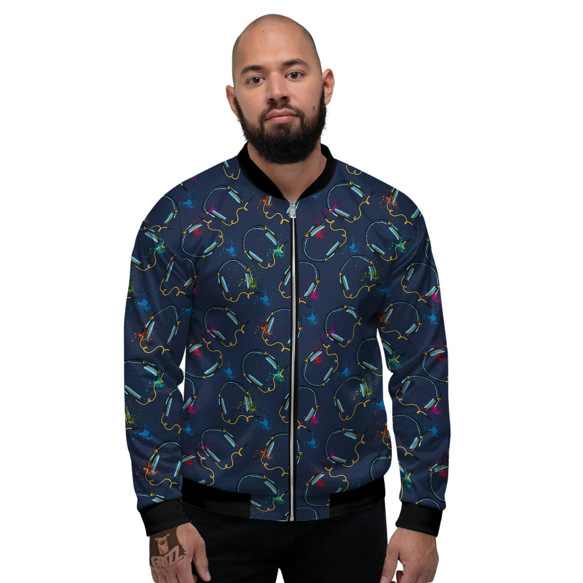 Abstract Headphone Blue Print Pattern Men's Bomber Jacket-grizzshop