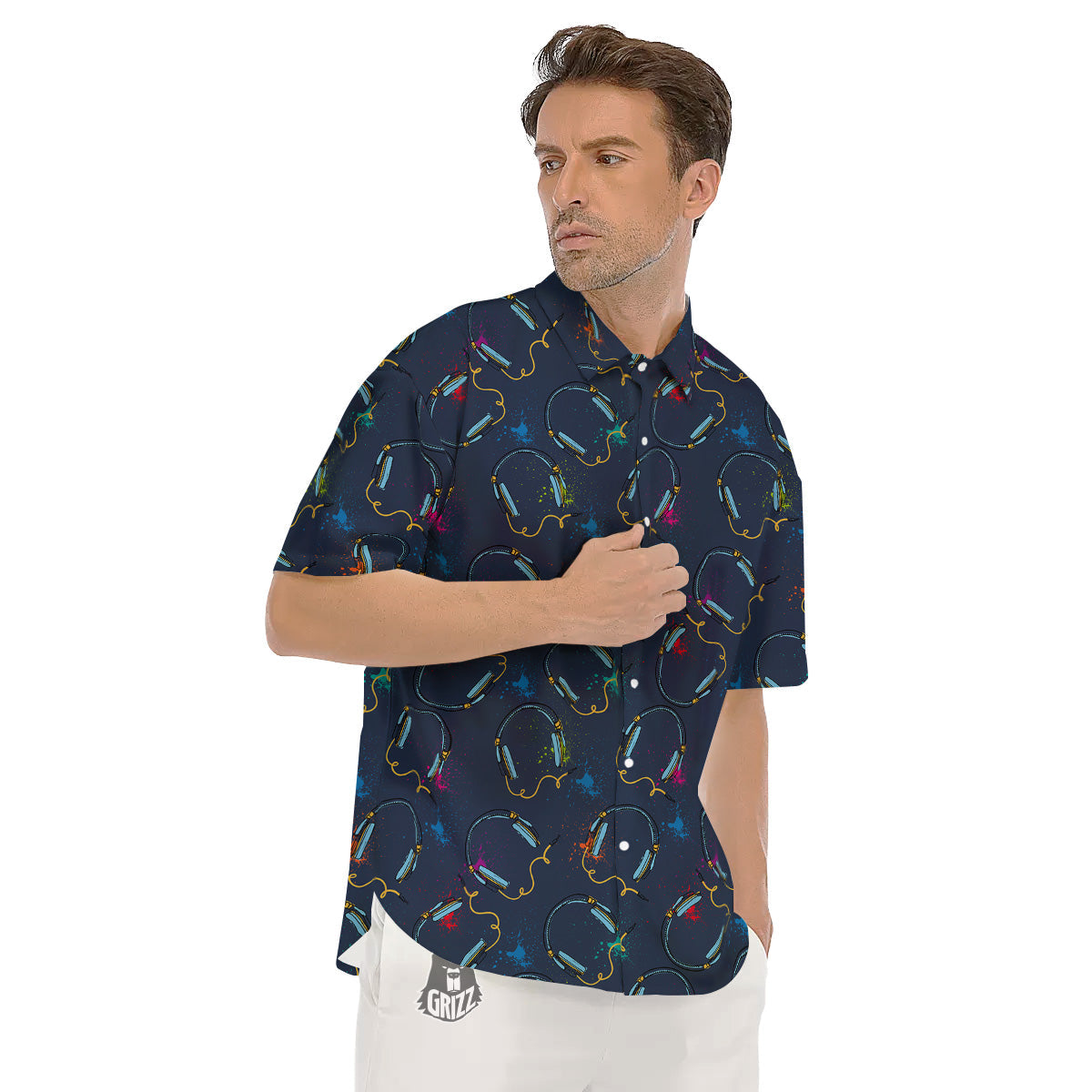 Abstract Headphone Blue Print Pattern Men's Short Sleeve Shirts-grizzshop