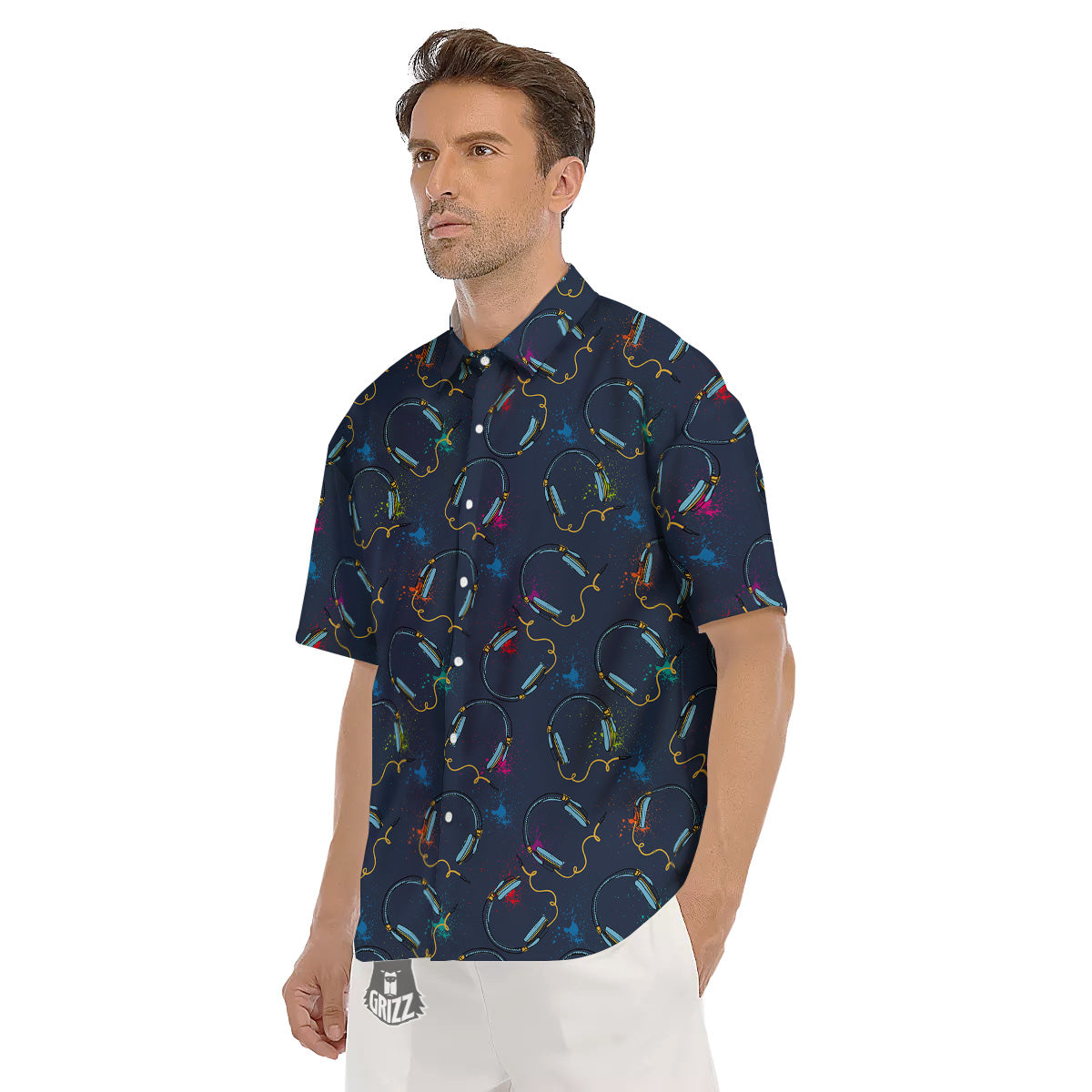 Abstract Headphone Blue Print Pattern Men's Short Sleeve Shirts-grizzshop