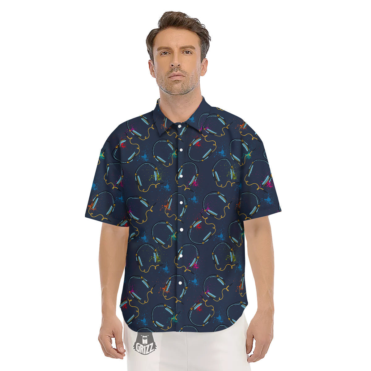 Abstract Headphone Blue Print Pattern Men's Short Sleeve Shirts-grizzshop