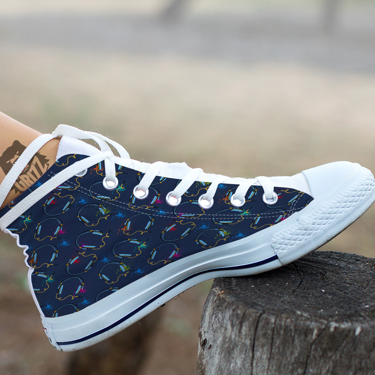 Abstract Headphone Blue Print Pattern White High Top Shoes-grizzshop