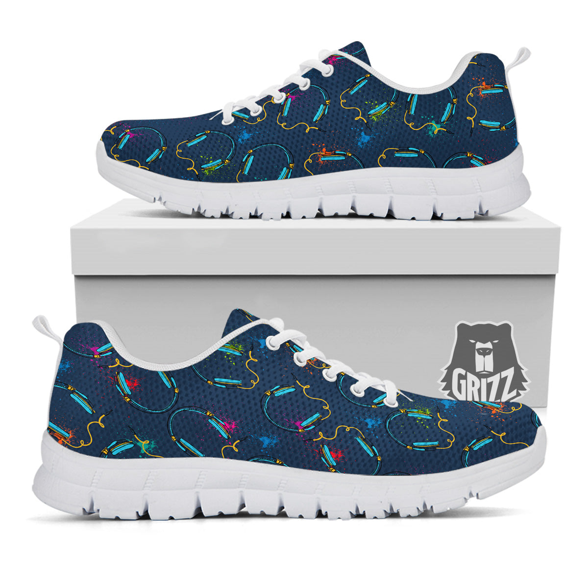 Abstract Headphone Blue Print Pattern White Sneaker-grizzshop
