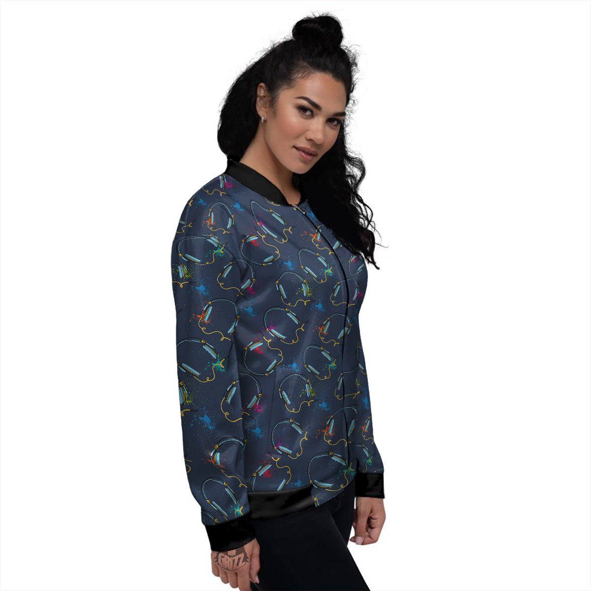 Abstract Headphone Blue Print Pattern Women's Bomber Jacket-grizzshop