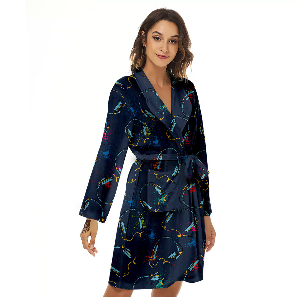 Abstract Headphone Blue Print Pattern Women's Robe-grizzshop