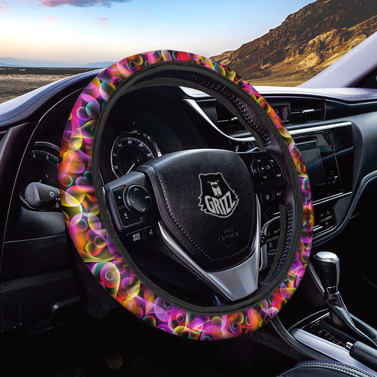 Abstract Hearts Neon Print Pattern Car Steering Wheel Cover-grizzshop
