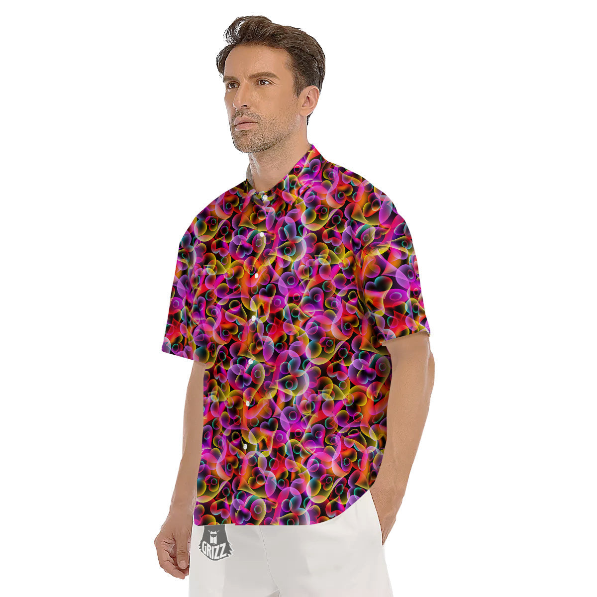 Abstract Hearts Neon Print Pattern Men's Short Sleeve Shirts-grizzshop