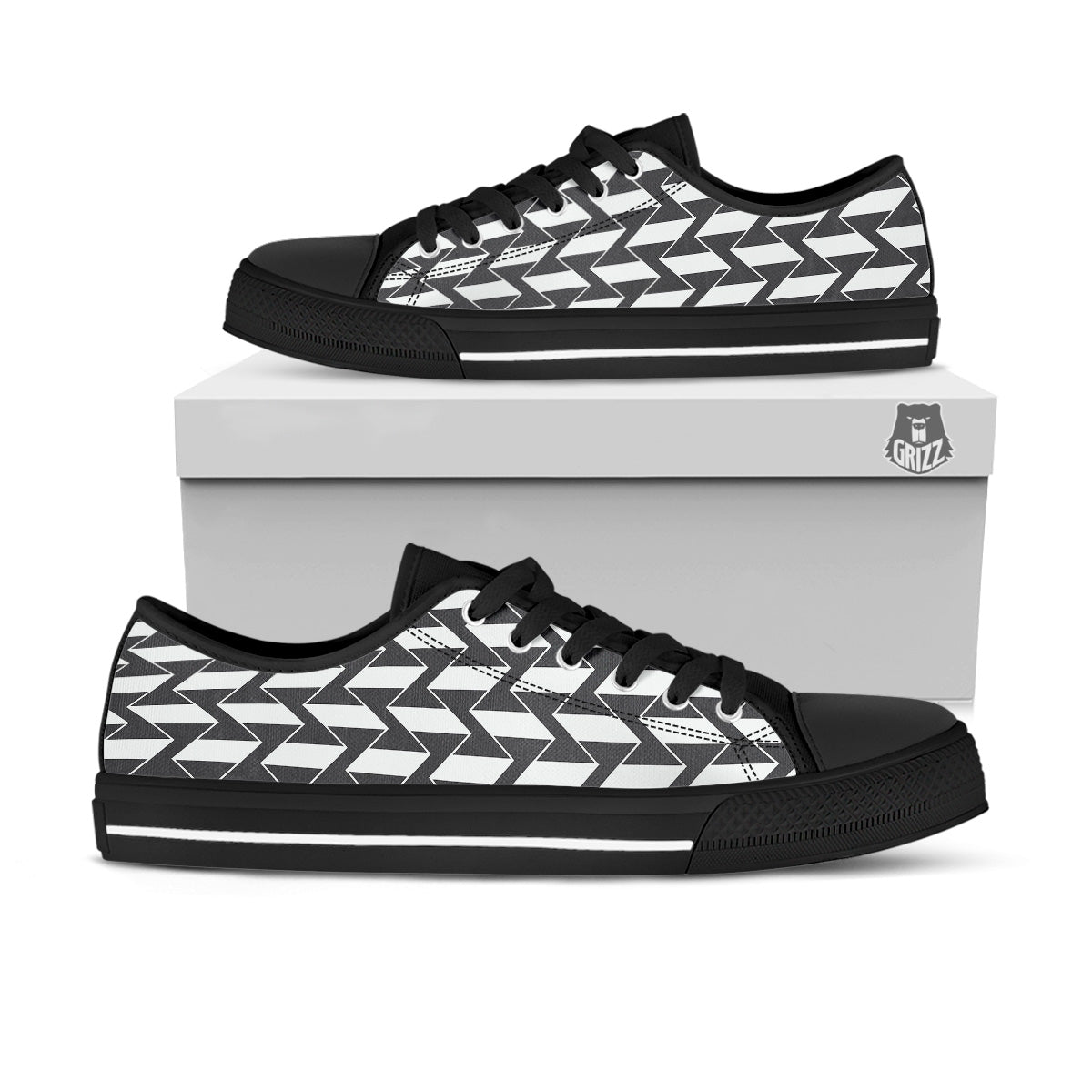 Abstract Heometric Zigzag Print Pattern Black Low Top Shoes-grizzshop
