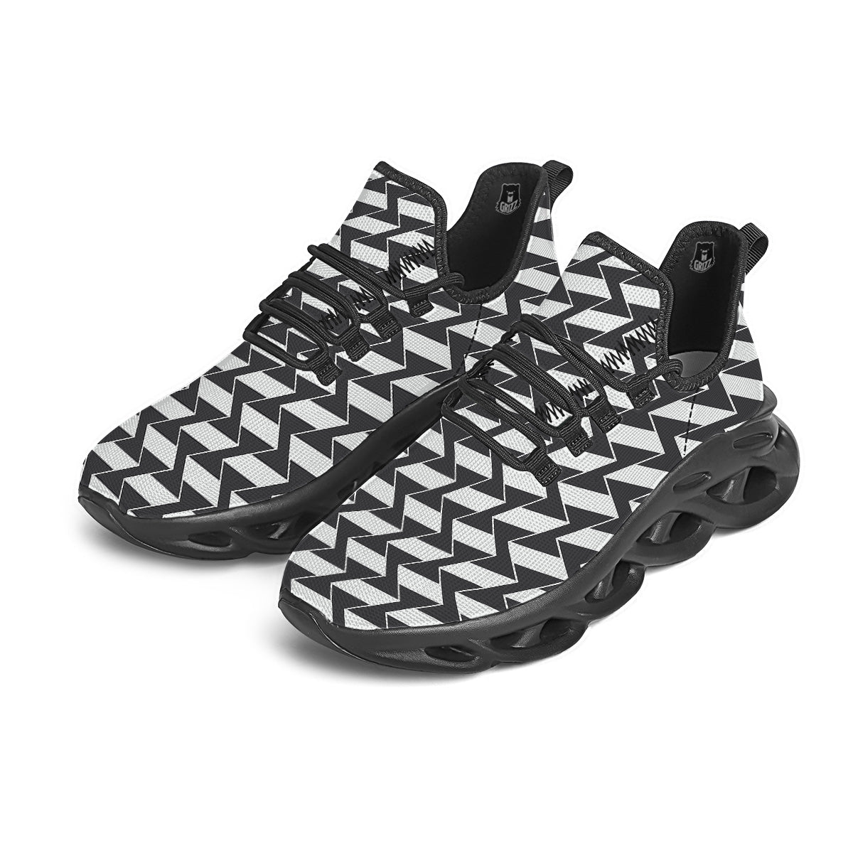 Abstract Heometric Zigzag Print Pattern Black Running Shoes-grizzshop
