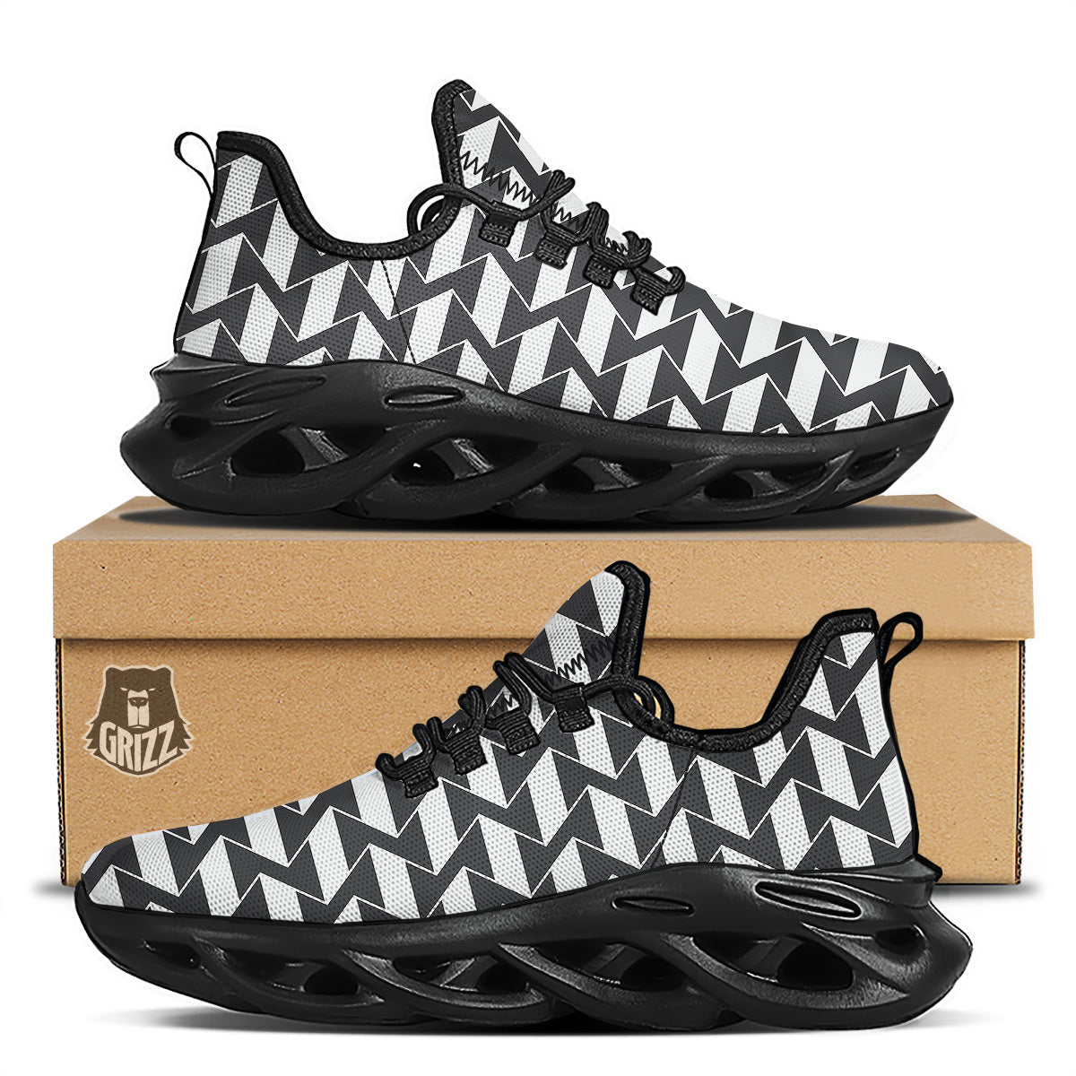 Abstract Heometric Zigzag Print Pattern Black Running Shoes-grizzshop