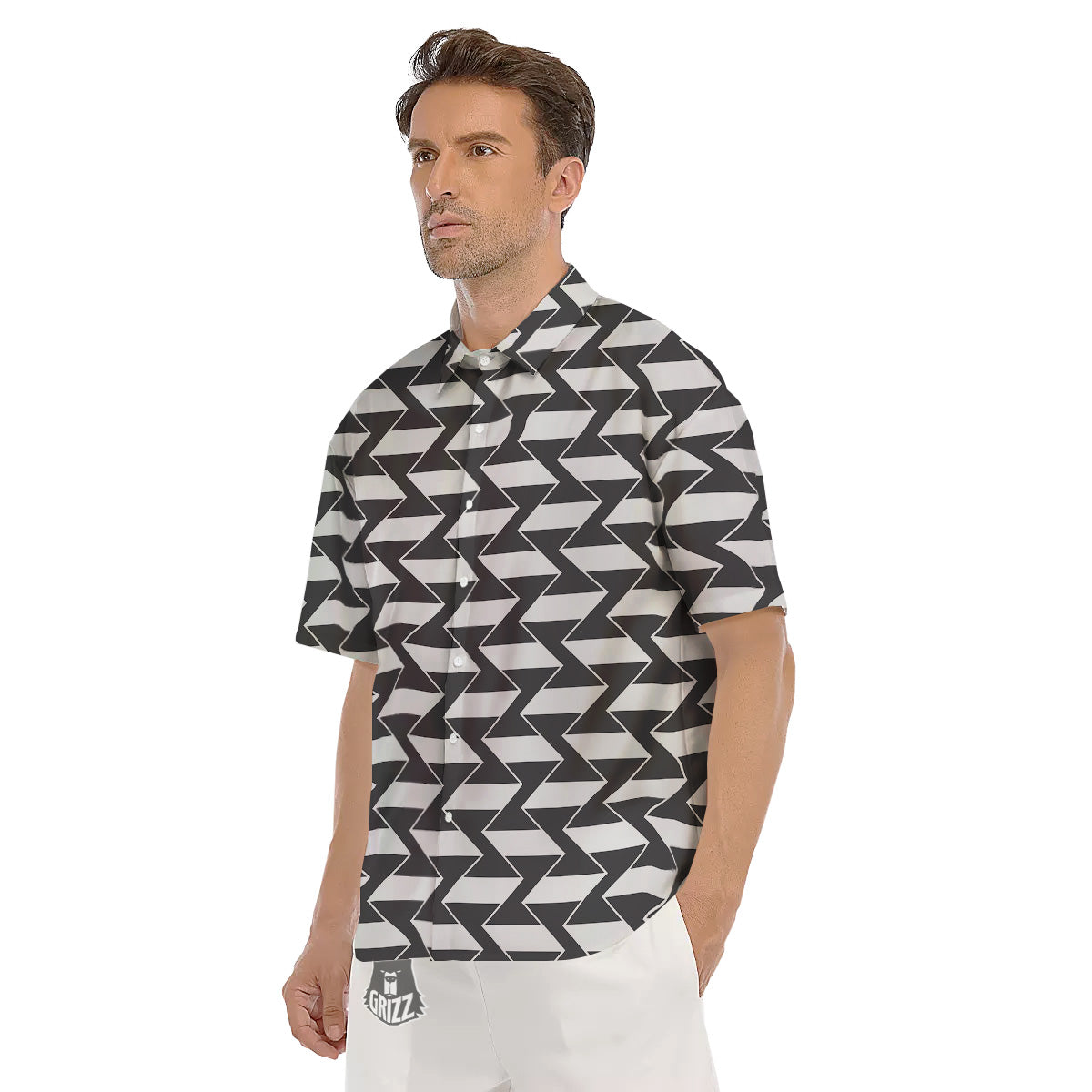 Abstract Heometric Zigzag Print Pattern Men's Short Sleeve Shirts-grizzshop