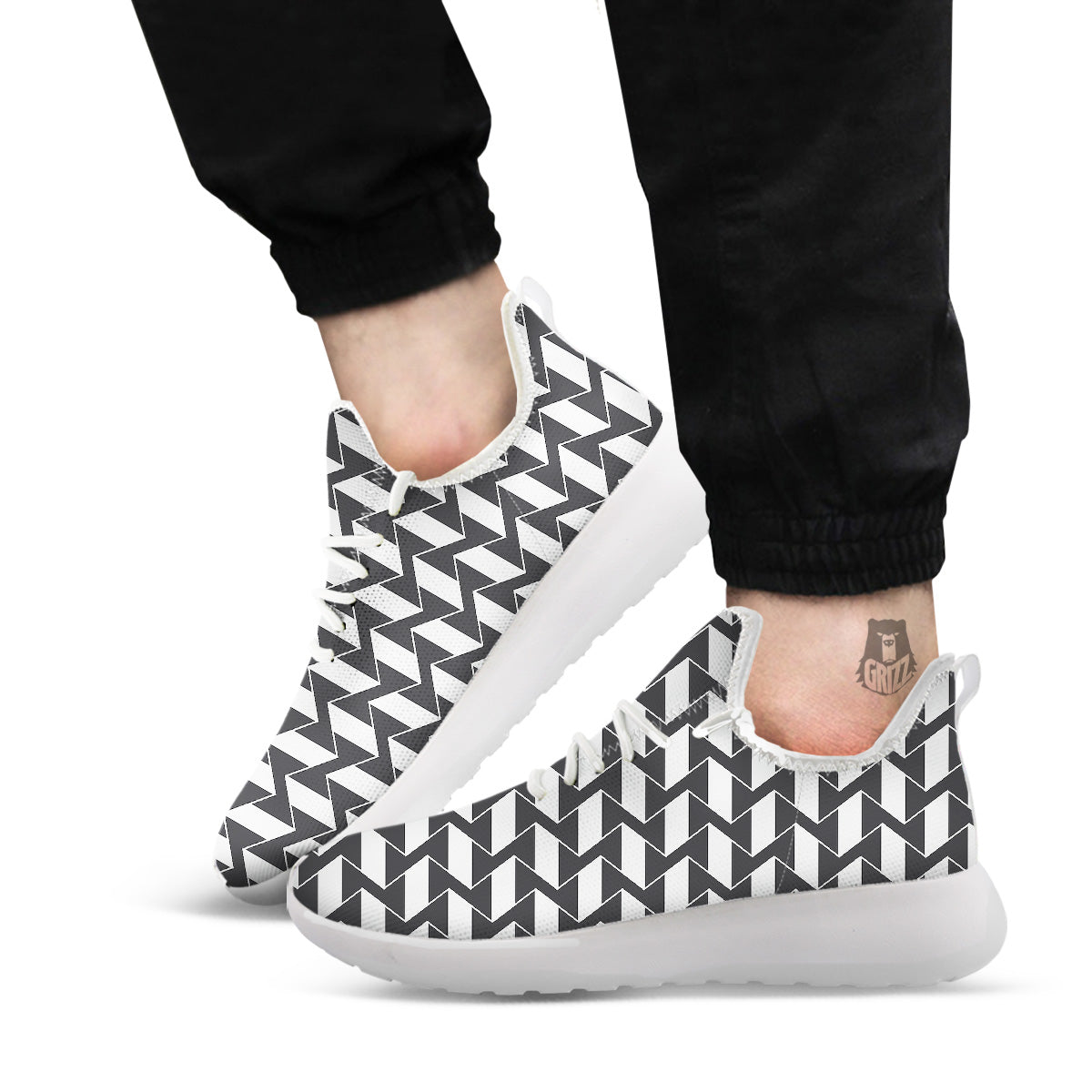 Abstract Heometric Zigzag Print Pattern White Athletic Shoes-grizzshop
