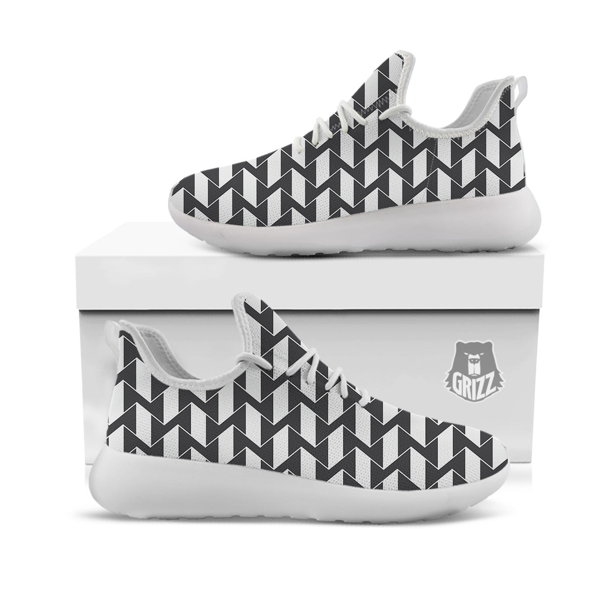 Abstract Heometric Zigzag Print Pattern White Athletic Shoes-grizzshop